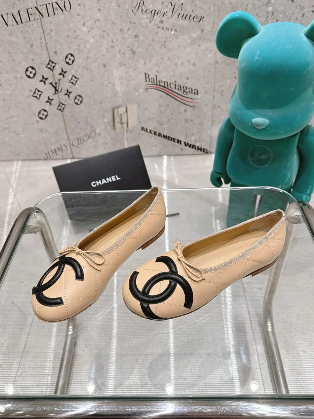 Chanel Flats Beige Quilted Leather Oversized CC Bow Ballet Flats